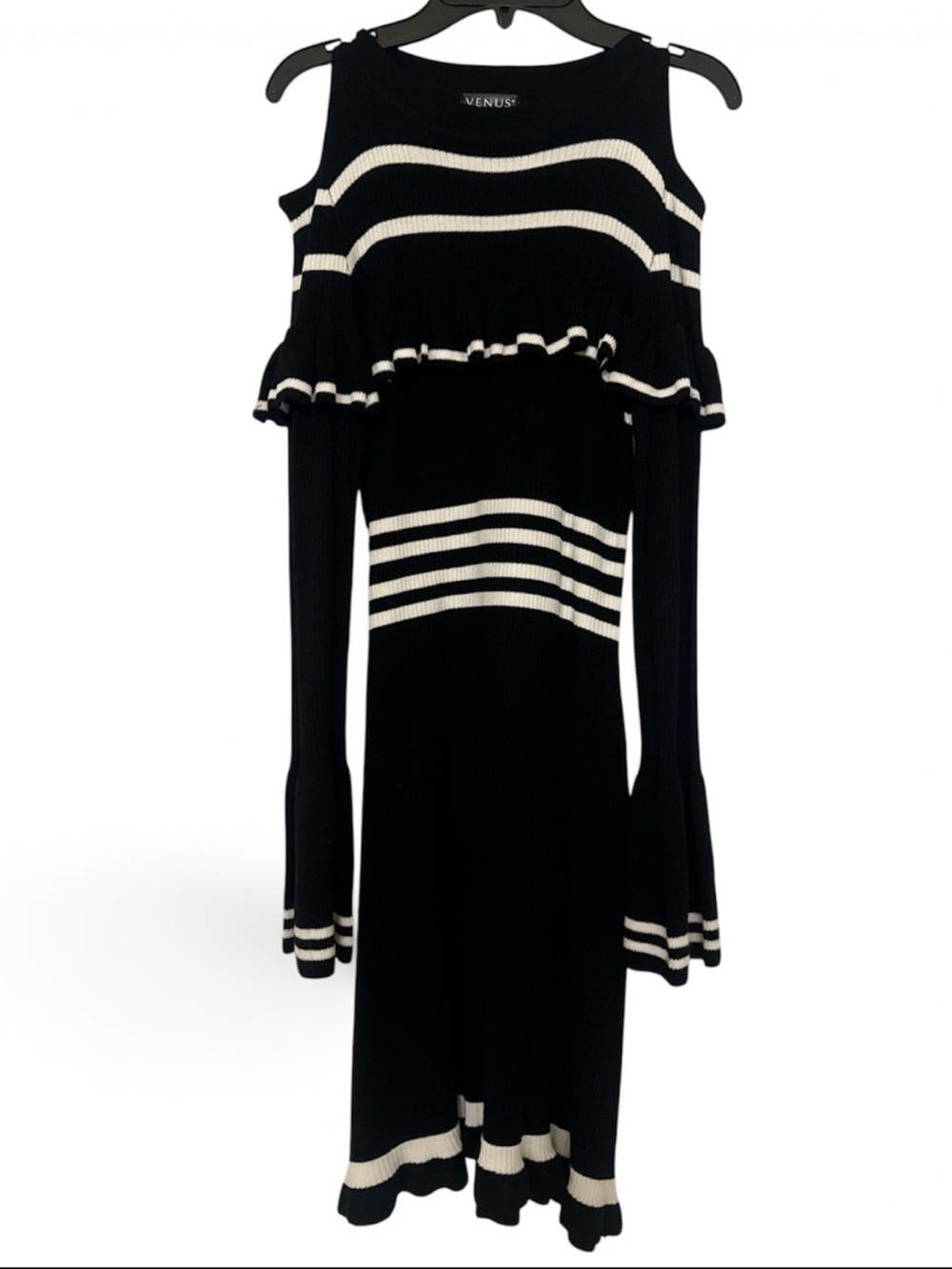 VENUS Black and White Striped Cold-Shoulder Knit Dress